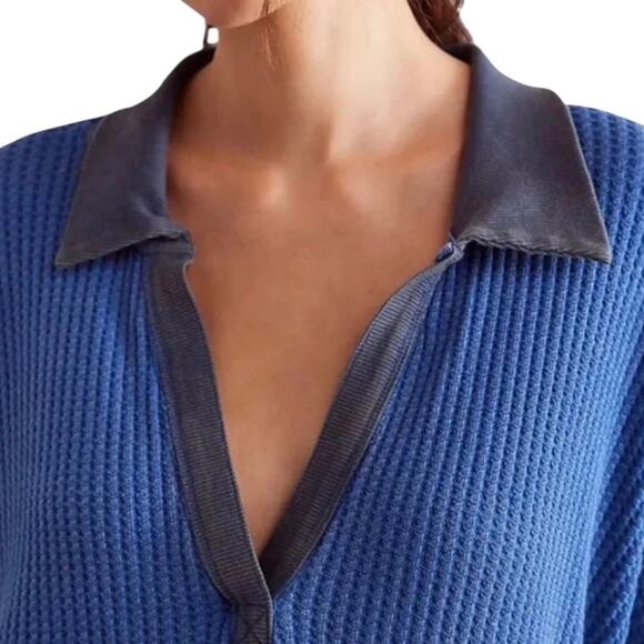 We The Free Women’s Travis Oversized Thermal Long Sleeve Polo Blue Size L - Picture 3 of 3